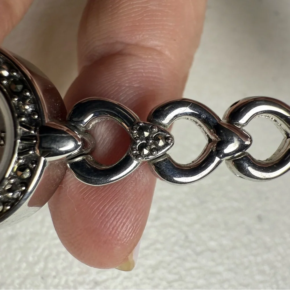 Y2K Shiny Silver Link Watch Versatile Dressy / Casual Marcasite Crystals 6 3/4”